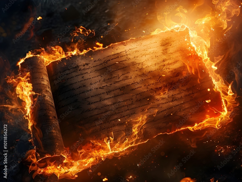 Aufkleber bursting ancient scroll igniting into explosive flames mystical dark backdrop with ash and embers sc