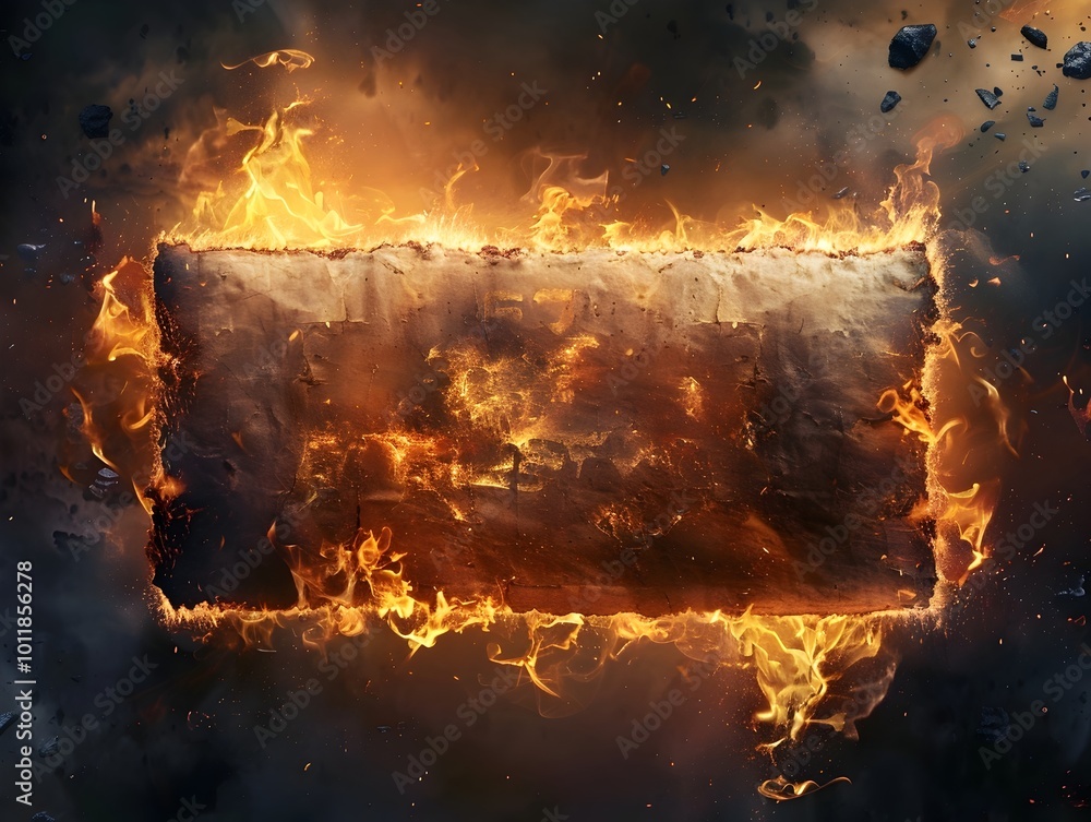 Poster ancient scroll bursting into flames with exploding ash and embers in dark mystical setting