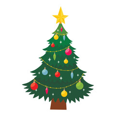 Decorated christmas tree with star, lights, decoration balls. Merry Christmas and a happy new year. Flat vector illustration.