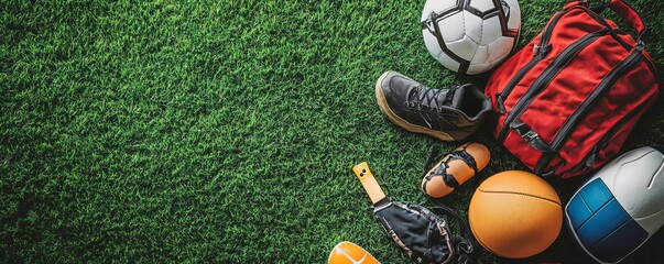 Naklejka premium Various Sport Equipments On Grass, Generative AI