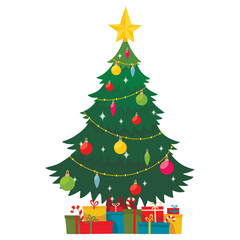Decorated christmas tree with gift boxes, star, lights, decoration balls. Merry Christmas and a happy new year. Flat vector illustration.