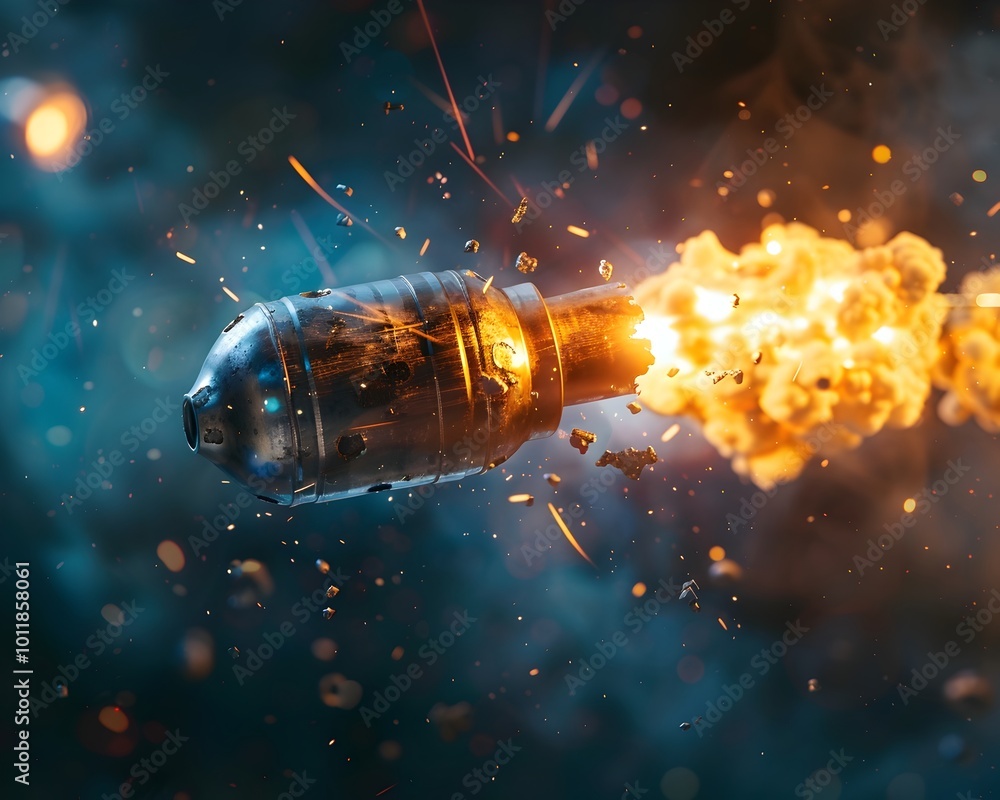Poster futuristic grenade exploding in zero gravity with suspended shrapnel and light beams