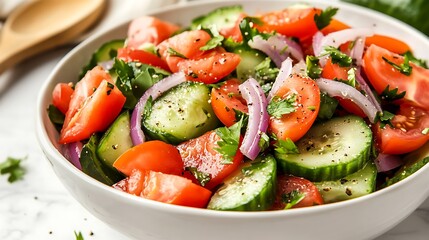 Fresh tomato and cucumber salad with red onion