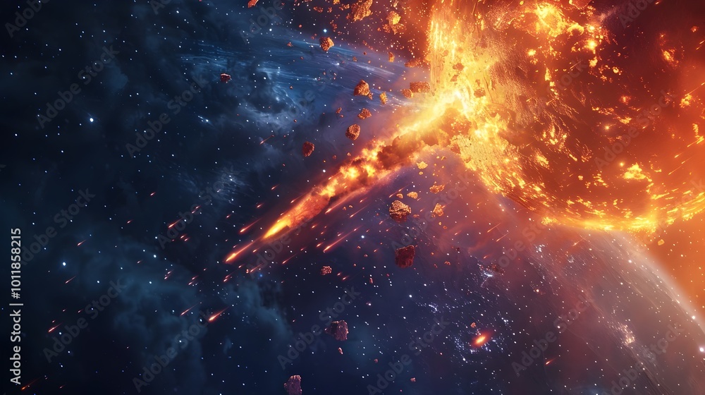 Poster meteorite exploding in fiery fragments as it enters earth s atmosphere