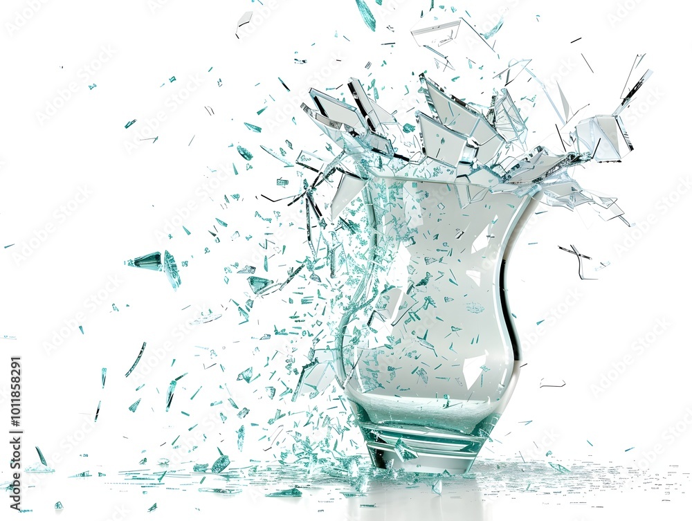 Poster exploding glass vase shattering into shards on white background