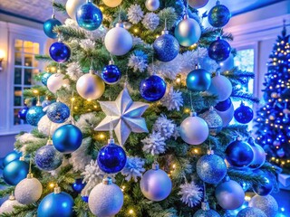 Beautiful Blue and White Christmas Tree Decorated with Ornaments and Lights for Holiday Cheer