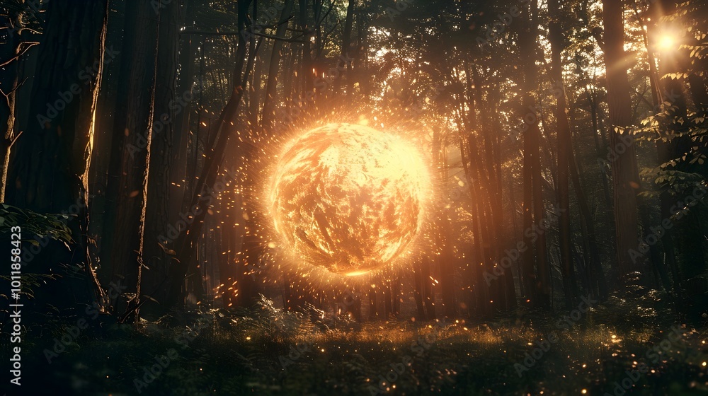 Poster glowing orb of magical energy exploding in a dark forest illuminating the trees