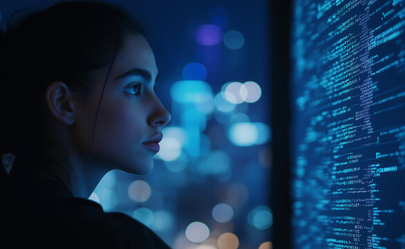 Focused woman analyzing code on a glowing screen, symbolizing programming, cybersecurity, or tech innovation.