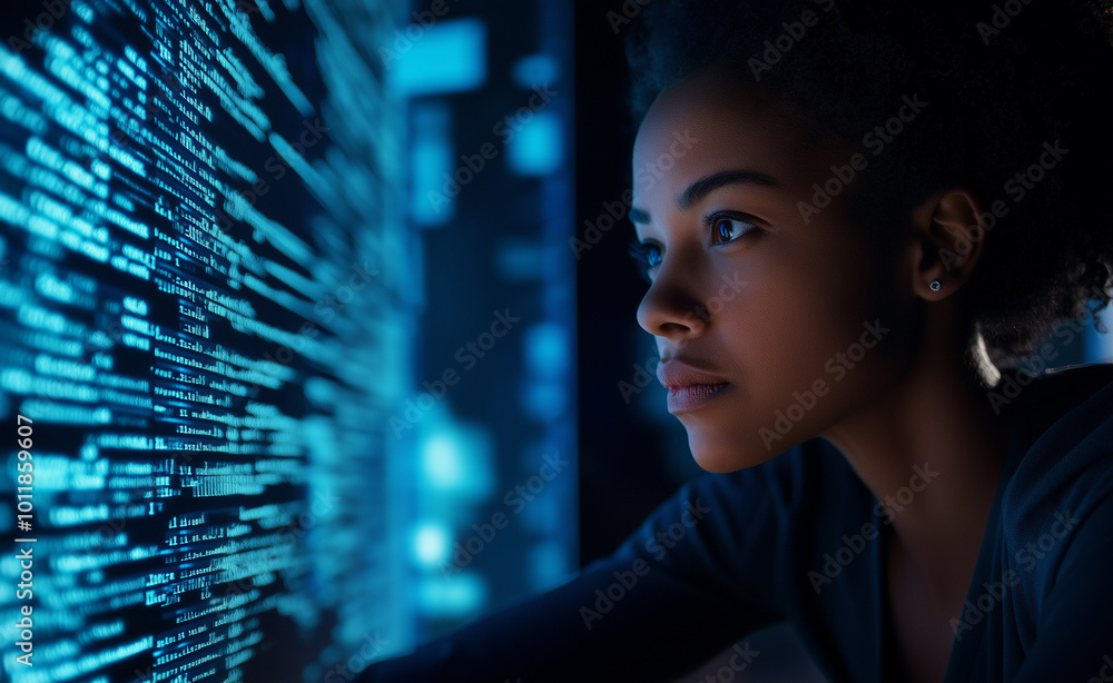 Poster focused woman analyzing code on a glowing screen, symbolizing programming, cybersecurity, or tech in
