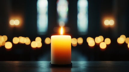 Christmas Eve church service interior with glowing candlelight stained glass windows in background 