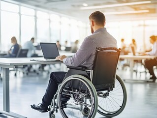 Wheelchair User in Modern Open Space Office, Inclusive Environment with Colleagues