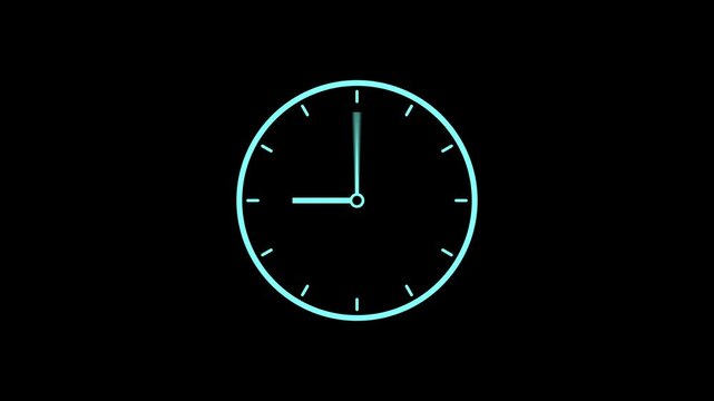 glowing clock animation on black background. Clock icon with moving arrows in 12 hour loop.