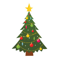 Decorated christmas tree with star, lights, decoration balls. Merry Christmas and a happy new year. Flat vector illustration.