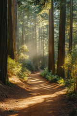 Fototapeta premium Golden forest trail blanketed in crisp foliage with sunlight filtering through towering trees on a misty morning 