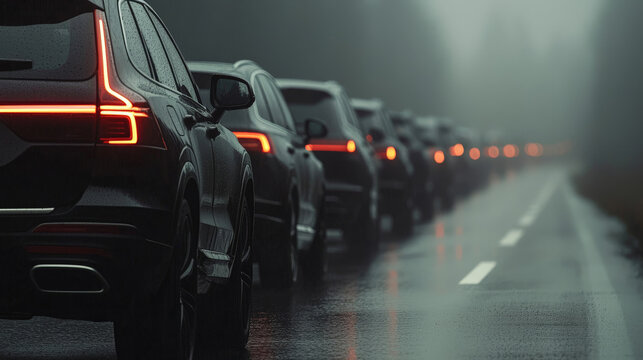 A funeral procession of black cars moving slowly through a fog-covered countryside, with soft rain falling