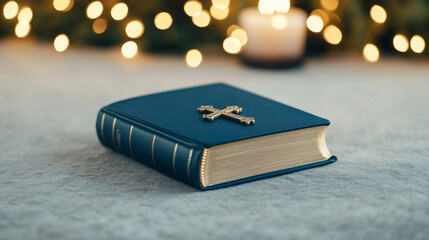 Holy Bible open with a cross pendant resting on pages festive candle glow in the background 
