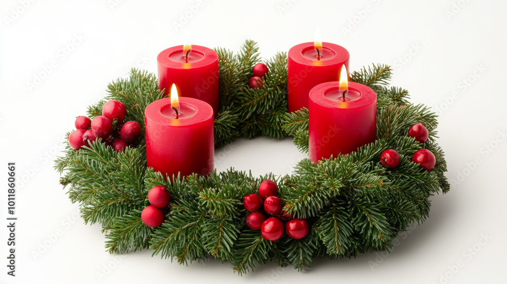 Poster red and green advent wreath with four glowing candles isolated on white empty space for text