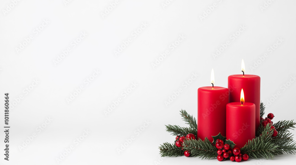 Poster red and green advent wreath with four glowing candles isolated on white empty space for text