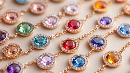 Necklace with personalized initial charms surrounded by gemstones in vibrant colors on a light cream background 