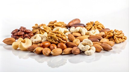 Fototapeta premium A variety of nuts, including almonds, cashews, walnuts, and pecans, on a white background.