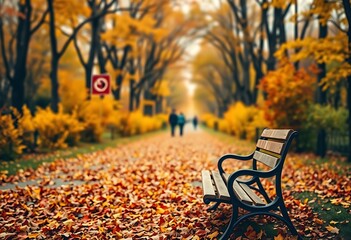 A scenic walking trail lined with trees showcasing their autumn foliage leads the viewer's eye into the distance. 