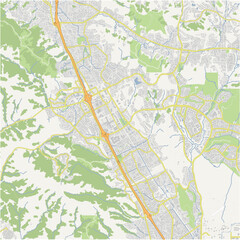 Map of San Ramon in California in a normal road map style. Contains layered vector with roads water, parks, etc.