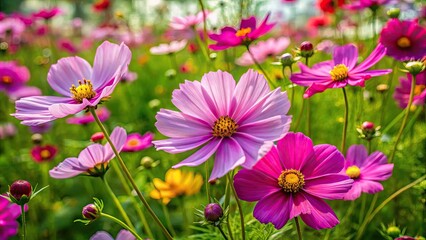 Obraz premium Beautiful cosmos flowers blooming amidst lush green plants in a vibrant natural garden setting