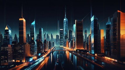 Fototapeta premium Futuristic city skyline with glowing lights and skyscrapers at night.