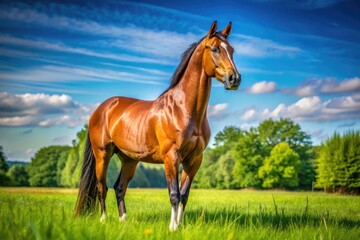 Fototapeta premium Beautiful Dutch Warmblood Horse Standing Gracefully in a Lush Green Field Under Clear Blue Sky