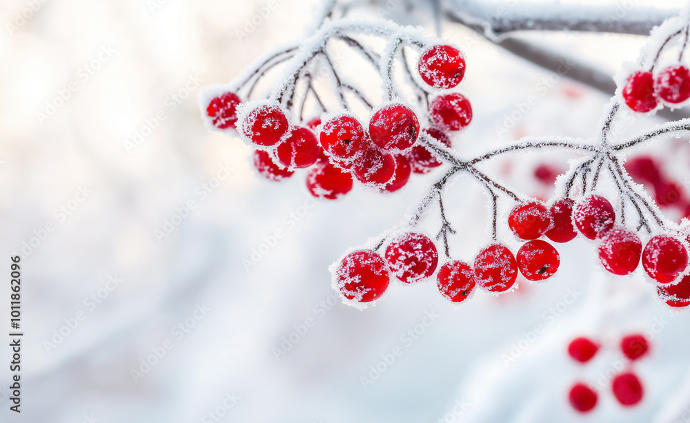 Poster red berries covered in frost hanging from a branch against a soft winter background.