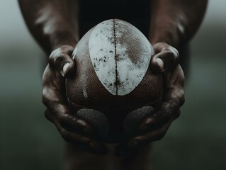 Player holding a worn rugby ball, close-up