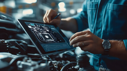 Technician uses augmented reality diagnostics software on tablet to inspect engine bay for broken components. The integration of advanced technology in automotive repair, diagnostics