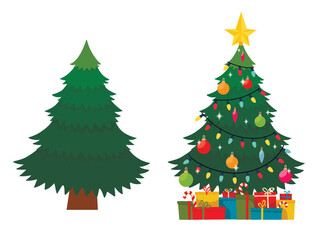 set of two versions of a Christmas tree - one tree without decorations, and the other decorated and with gifts