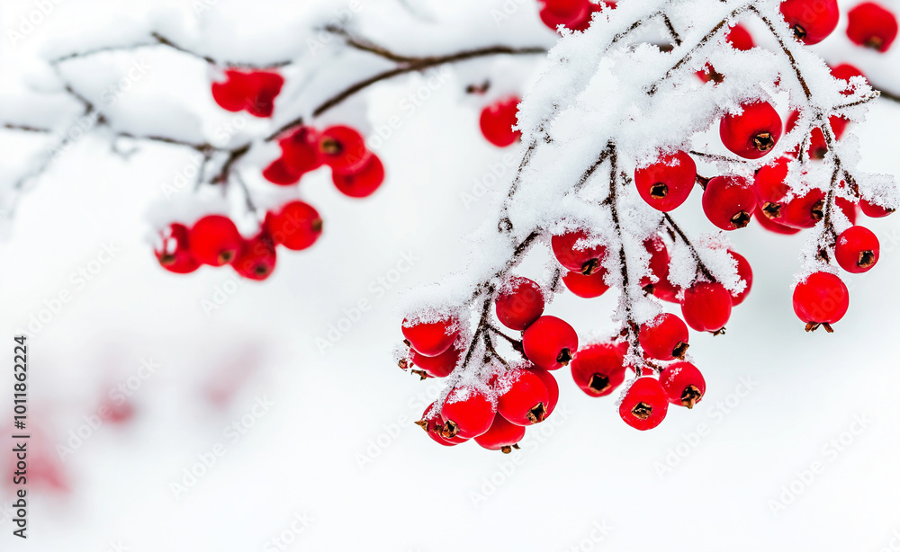 Poster red berries covered in frost hanging from a branch against a soft winter background.