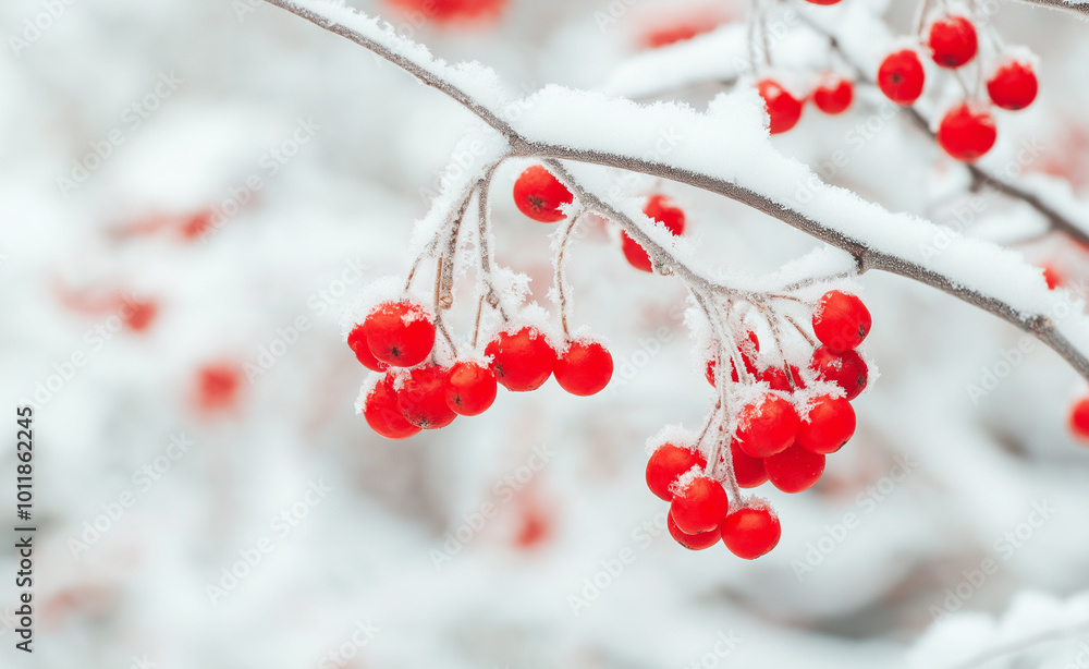 Poster red berries covered in frost hanging from a branch against a soft winter background.