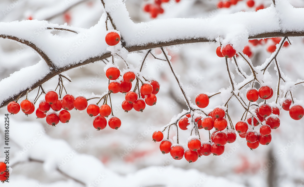 Poster red berries covered in frost hanging from a branch against a soft winter background.