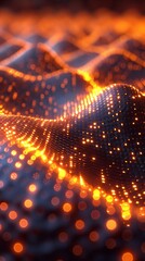 Fototapeta premium Abstract orange glowing particles forming wavy surface. Suitable for technology, artificial intelligence or data science related projects