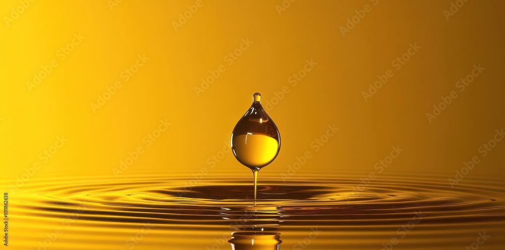 Poster golden drop of oil creating ripples on a reflective surface with a warm and glowing background