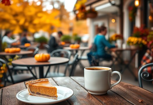 An outdoor seating area of a quaint café is depicted, with tables adorned with small pumpkins and colorful autumn leaves. 