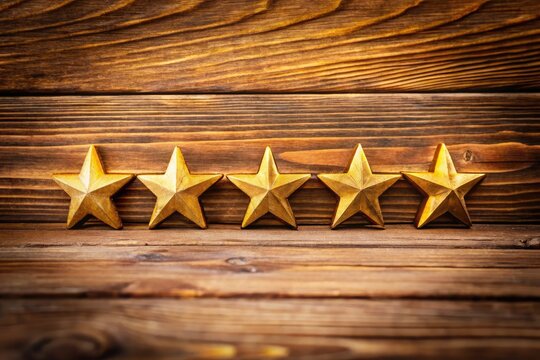 Beautiful golden five-star rating displayed on a wooden background for service excellence concept