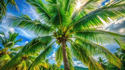 Fototapeta premium Beautiful Green Coconut Palm Tree with Lush Leaves Against Clear Blue Sky in Tropical Paradise