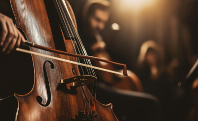 A close-up of a cellist playing the cello during a live orchestral performance.