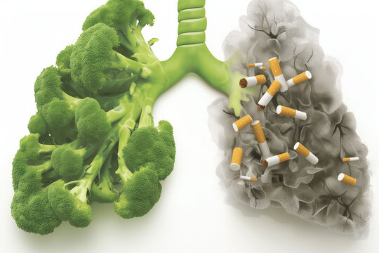 Concept of lungs represented by a healthy, green, full of life broccoli, and another by a gray, dead, contaminated, sick one, full of cigarette butts. Reflection on smoking kills message. Isolated. 