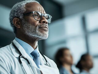 Fototapeta premium Thoughtful doctor in a clinic setting.