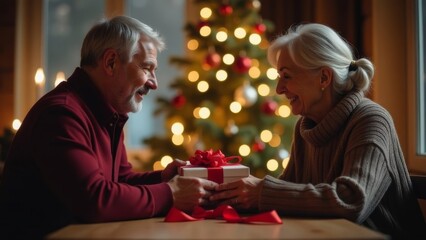 Grandfather gives a gift to a woman against the background of a Christmas tree.