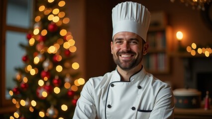 A chef in uniform smiles against the background of Christmas lights.
