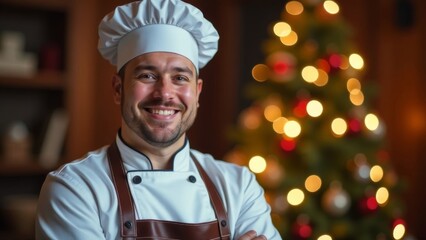 A chef in uniform smiles against the background of Christmas lights.