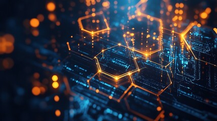 Abstract Network with Glowing Hexagons and Data Streams