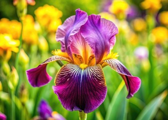 Beautiful Iris Flower Blooming in a Garden, Showcasing Vibrant Purple and Yellow Petals in Spring