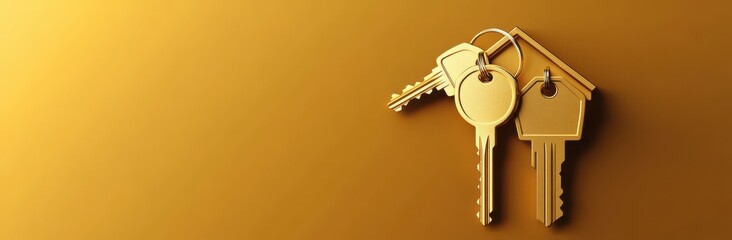 Golden keys with house icons on a shiny golden background symbolizing security and real estate concept